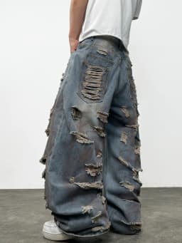 American-Style High Street Printed Distressed Heavy Washed Men's Loose Wide-Leg Jeans Y2K Street Hip-Hop Trendy Versatile Pants