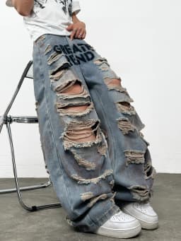 American-Style High Street Printed Distressed Heavy Washed Men's Loose Wide-Leg Jeans Y2K Street Hip-Hop Trendy Versatile Pants