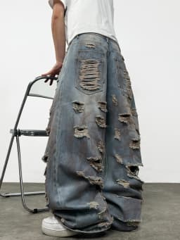 American-Style High Street Printed Distressed Heavy Washed Men's Loose Wide-Leg Jeans Y2K Street Hip-Hop Trendy Versatile Pants