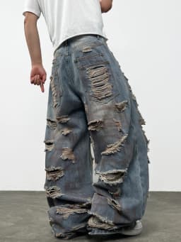 American-Style High Street Printed Distressed Heavy Washed Men's Loose Wide-Leg Jeans Y2K Street Hip-Hop Trendy Versatile Pants