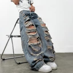 American-Style High Street Printed Distressed Heavy Washed Men's Loose Wide-Leg Jeans Y2K Street Hip-Hop Trendy Versatile Pants