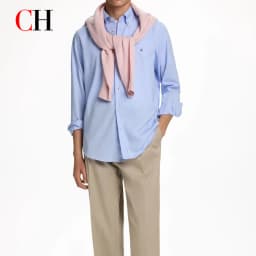 CH Mens Casual Lapel Tiny Discreet Sign Embroidery Plain Long Sleeve Shirt Dating Street Outfit