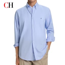 CH Mens Casual Lapel Tiny Discreet Sign Embroidery Plain Long Sleeve Shirt Dating Street Outfit