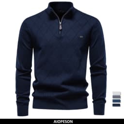 AIOPESON Men Cotton Half Zip Mock Neck Pullover Argyle Knitwear Ribbed Cuffs Slim Fit Smart Casual Business Fall Winter Sweater