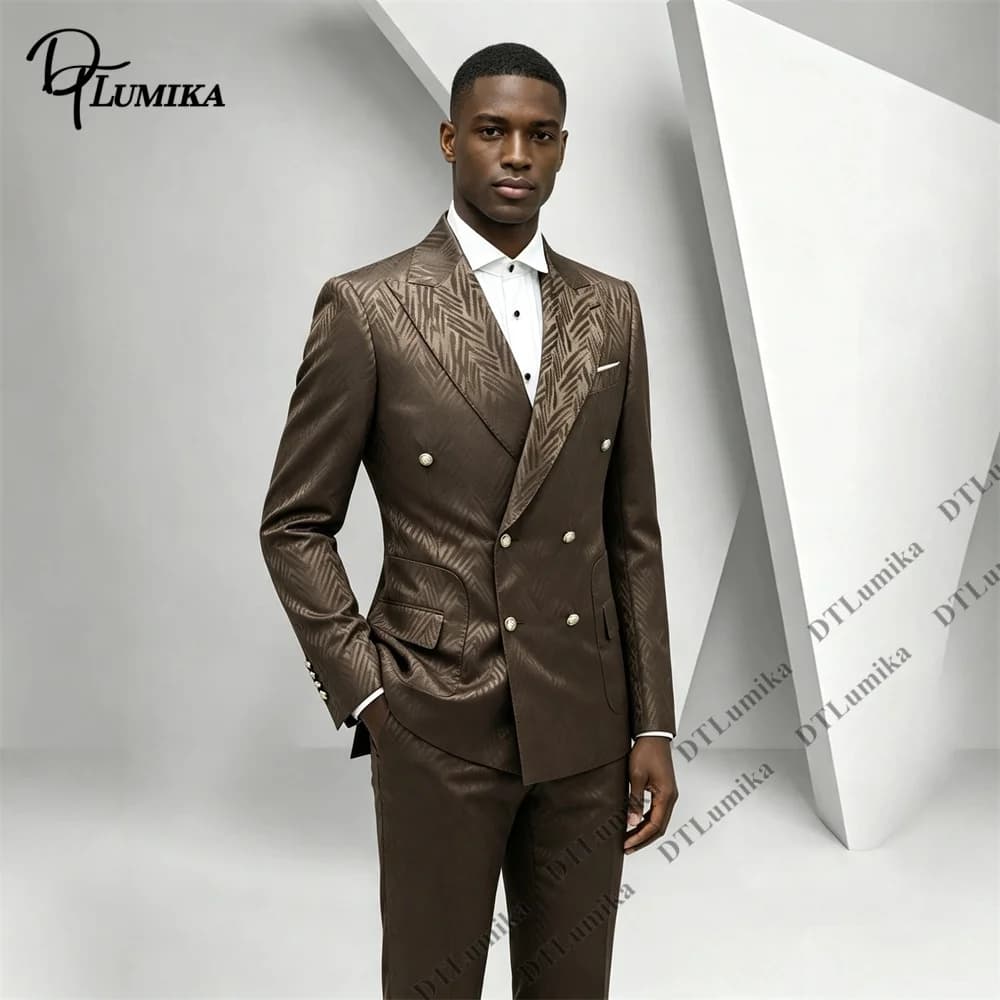 All‑over Subtle Textured Suit Set for Men, Jacquard Double Breasted Tuxedo 2 Piece Men Peak Lapel Silver Button Formal Outfit