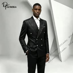All‑over Subtle Textured Suit Set for Men, Jacquard Double Breasted Tuxedo 2 Piece Men Peak Lapel Silver Button Formal Outfit