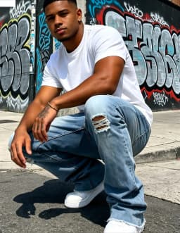 Men's Light Blue Denim Pants, Distressed Flared Jeans with Knee Rips & Frayed Hem for Streetwear