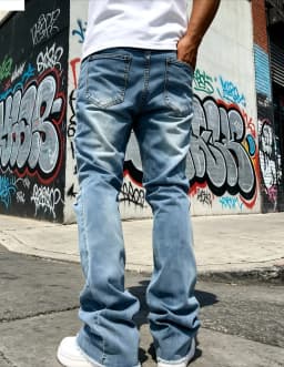 Men's Light Blue Denim Pants, Distressed Flared Jeans with Knee Rips & Frayed Hem for Streetwear