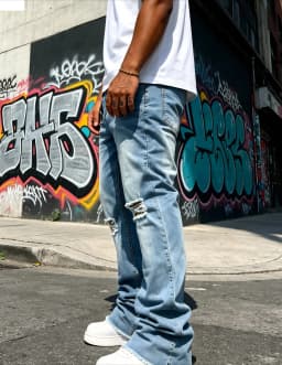 Men's Light Blue Denim Pants, Distressed Flared Jeans with Knee Rips & Frayed Hem for Streetwear
