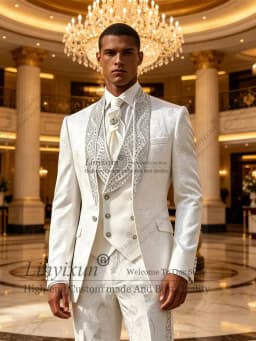 Jacquard Design Beaded Suit Men For Wedding Single Breasted Slim 3 Piece Groom Tuxedos Male Outfits Prom Blazers Customized