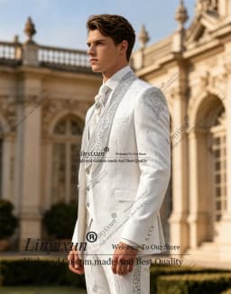 Jacquard Design Beaded Suit Men For Wedding Single Breasted Slim 3 Piece Groom Tuxedos Male Outfits Prom Blazers Customized