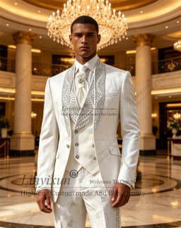 Jacquard Design Beaded Suit Men For Wedding Single Breasted Slim 3 Piece Groom Tuxedos Male Outfits Prom Blazers Customized