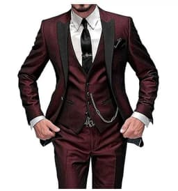 Men's Suit Slim Fit 3 Pieces Burgundy Tuxedo Gentle-Mens Wedding Suits Notch Lapel Groom Terno (Jacket+Pants+Vest)