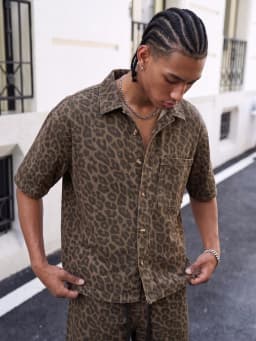 Men's Vintage Brown Leopard Print 2-Piece Set: Short Sleeve Collared Shirt & Drawstring Shorts Streetwear Matching Outfit
