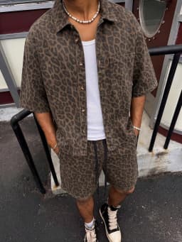 Men's Vintage Brown Leopard Print 2-Piece Set: Short Sleeve Collared Shirt & Drawstring Shorts Streetwear Matching Outfit