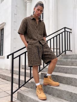 Men's Vintage Brown Leopard Print 2-Piece Set: Short Sleeve Collared Shirt & Drawstring Shorts Streetwear Matching Outfit