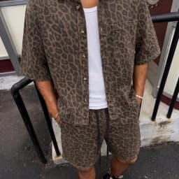 Men's Vintage Brown Leopard Print 2-Piece Set: Short Sleeve Collared Shirt & Drawstring Shorts Streetwear Matching Outfit
