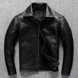 Men's Genuine Cowhide Leather Jacket Black Lapel Biker Coat Slim Fit Wind Proof Motorcycle Zip Up Casual Autumn Winter Outerwear
