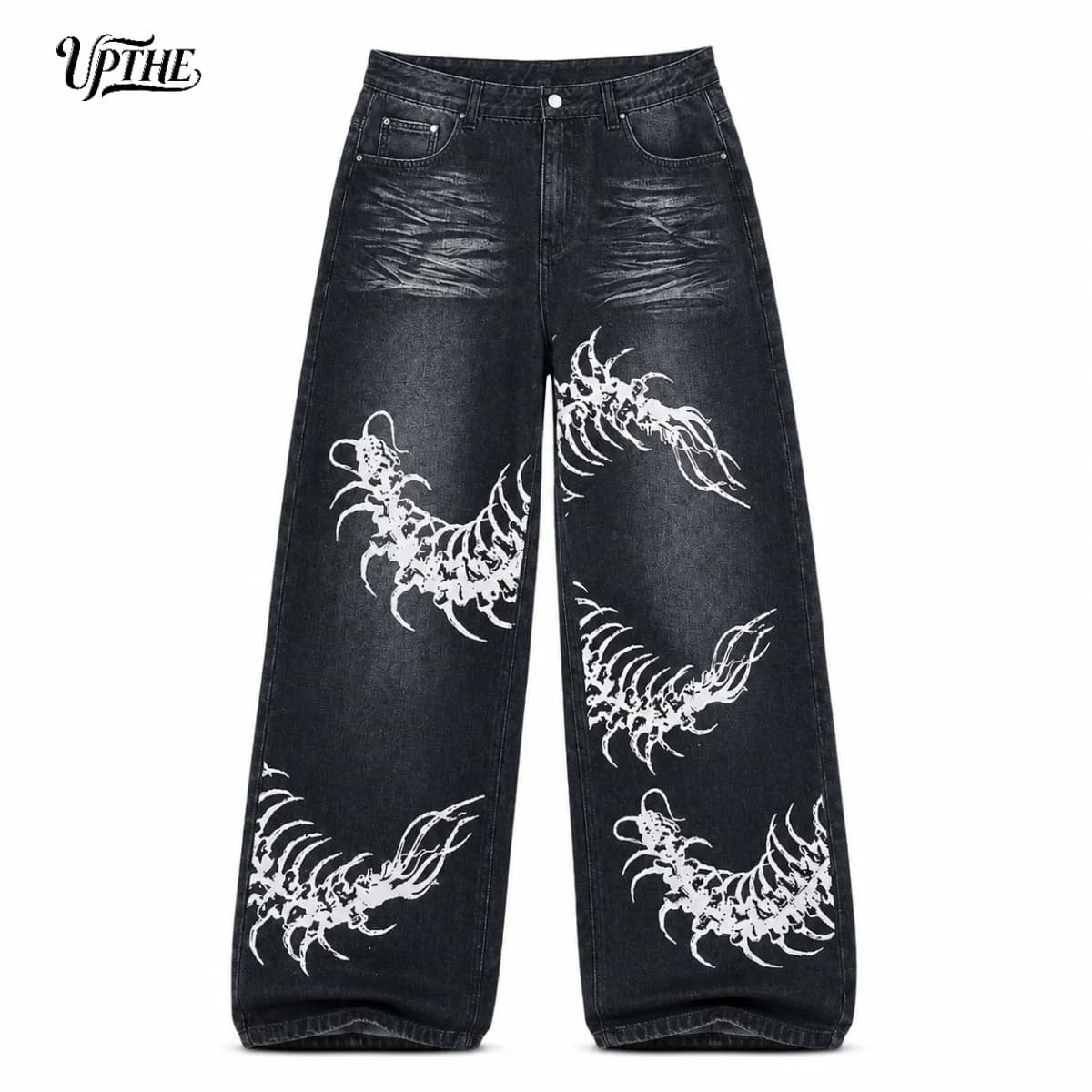 UP.THE Men Black Faded Baggy Wide Leg Jeans, Y2K Oversized Loose White Centipede Skeleton Print Denim Pants, Gothic Grunge Streetwear Trousers for Daily Outfits