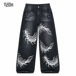 UP.THE Men Black Faded Baggy Wide Leg Jeans, Y2K Oversized Loose White Centipede Skeleton Print Denim Pants, Gothic Grunge Streetwear Trousers for Daily Outfits