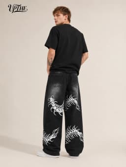 UP.THE Men Black Faded Baggy Wide Leg Jeans, Y2K Oversized Loose White Centipede Skeleton Print Denim Pants, Gothic Grunge Streetwear Trousers for Daily Outfits