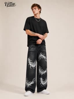UP.THE Men Black Faded Baggy Wide Leg Jeans, Y2K Oversized Loose White Centipede Skeleton Print Denim Pants, Gothic Grunge Streetwear Trousers for Daily Outfits