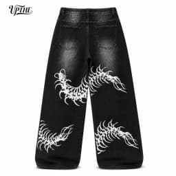 UP.THE Men Black Faded Baggy Wide Leg Jeans, Y2K Oversized Loose White Centipede Skeleton Print Denim Pants, Gothic Grunge Streetwear Trousers for Daily Outfits