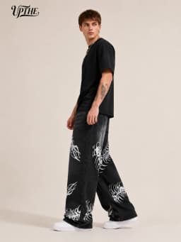 UP.THE Men Black Faded Baggy Wide Leg Jeans, Y2K Oversized Loose White Centipede Skeleton Print Denim Pants, Gothic Grunge Streetwear Trousers for Daily Outfits