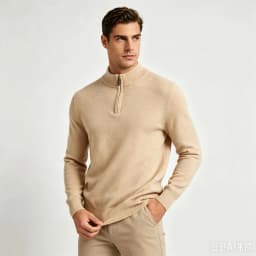 Winter New 100% Pure Wool Sweater Men's Half High Collar Zipper Sweater Warm Casual Loose Knitted Versatile Base Sweater Camel