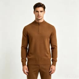 Winter New 100% Pure Wool Sweater Men's Half High Collar Zipper Sweater Warm Casual Loose Knitted Versatile Base Sweater Camel