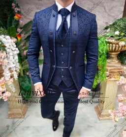 Elegance Jacquard Wedding Suits For Men Tuxedo 3 Pieces Male Groom Prom Blazers Stand Collar Customized Costume Homme Marrige