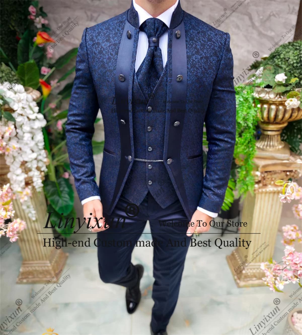 Elegance Jacquard Wedding Suits For Men Tuxedo 3 Pieces Male Groom Prom Blazers Stand Collar Customized Costume Homme Marrige