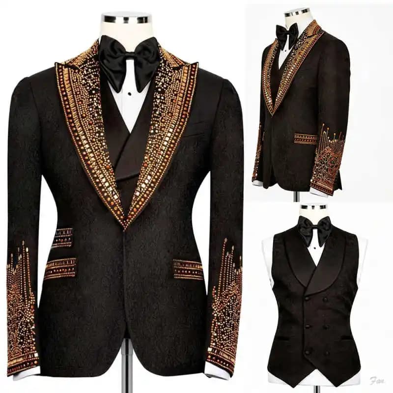 Customized Luxury Men Suits Diamond 2 Pieces Sets Single-Breasted Ropa Hombre Peaked Lapel Groom Tuxedos Male Party Prom B
