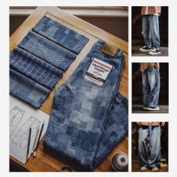 Maden Men's Vintage Boro Jacquard Washed Denim Jeans Baggy Pants Harajuku Wide Leg Loose Patchwork Long Pants Casual Men Autumn