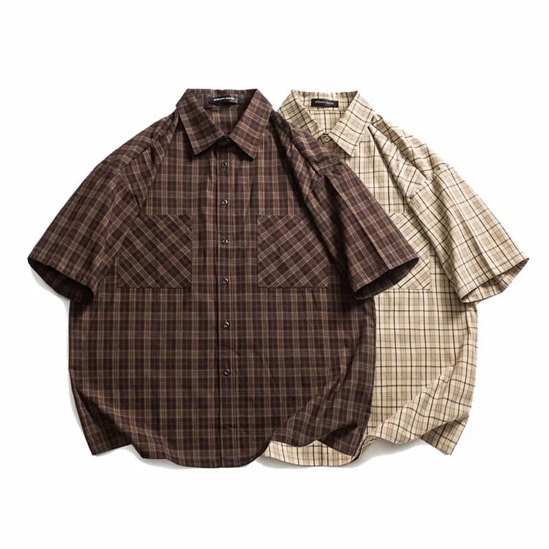 Summer Men Streetwear Fashion Vintage Pure Cotton Plaid Loose Casual Oversize Short Sleeve Cargo Shirt Cityboy Blouses