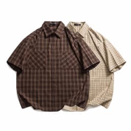 Summer Men Streetwear Fashion Vintage Pure Cotton Plaid Loose Casual Oversize Short Sleeve Cargo Shirt Cityboy Blouses