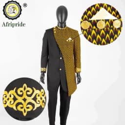 African Suits for Men Embroidery Print Blazer and Pants Set Business Dress Suit with Kerchief Party Wedding Evening A2316023
