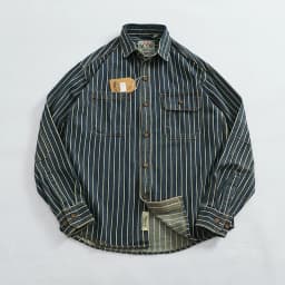 Heavy vertical stripe cargo denim shirt Men do old washed cotton elbow stick cloth lapel long sleeve shirt jacket
