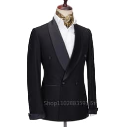 New 2026 Men Suit Black Satin Lapel Tuxedo 2 Pieces Double Breasted Wedding Shawl Lapel Party Costume Groom Male Wear