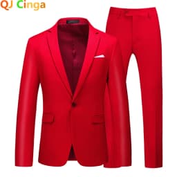 2026 Men's Red Suit 2-Piece Sets, Wedding Party Dress Coat and Pants Asian Size Terno Masculino Black White Blue Costume Homme