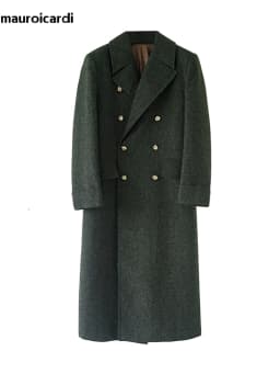Mauroicardi Autumn Winter Long Warm Green Polo Coat Men Double Breasted Cool Luxury Elegant England Style Wool Blends Overcoat