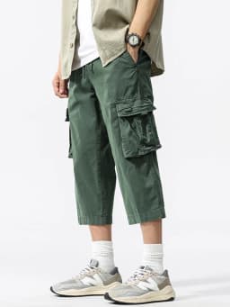 Summer Men's Calf-Length Cargo Pants Multi-Pockets Washed Cotton Straight Capris Pants Elastic Waist Workwear Loose Fit Trousers