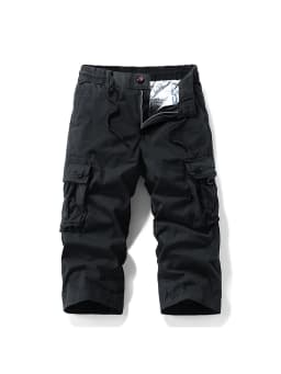 Summer Men's Calf-Length Cargo Pants Multi-Pockets Washed Cotton Straight Capris Pants Elastic Waist Workwear Loose Fit Trousers