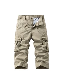 Summer Men's Calf-Length Cargo Pants Multi-Pockets Washed Cotton Straight Capris Pants Elastic Waist Workwear Loose Fit Trousers
