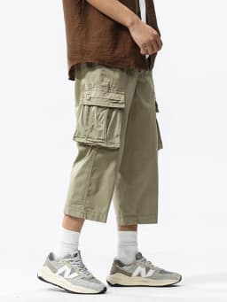 Summer Men's Calf-Length Cargo Pants Multi-Pockets Washed Cotton Straight Capris Pants Elastic Waist Workwear Loose Fit Trousers