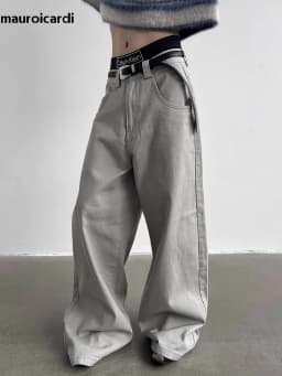 Mauroicardi Autumn Grey Flowy Baggy Wide Leg Pants for Mens Floor Length Fashion Clothing Loose Casual Dark Brown Trousers 2023