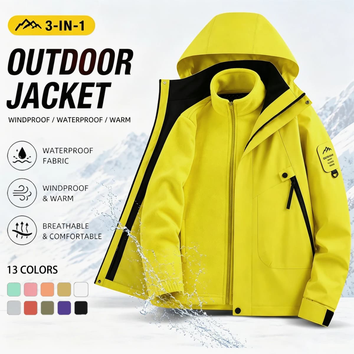 Men's 3-in-1 Jacket with Removable Fleece Liner, Waterproof Windproof Coat for Hiking, Camping, Travel and Daily Outdoor Use