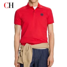CH Red Accent Circular Rubber Patch Left Chest Premium Pique Short Sleeve Polo Shirt Men Sleek Minimalist Modern Casual Tops