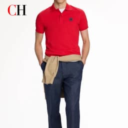 CH Red Accent Circular Rubber Patch Left Chest Premium Pique Short Sleeve Polo Shirt Men Sleek Minimalist Modern Casual Tops