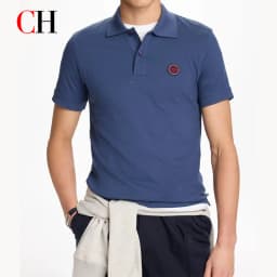 CH Red Accent Circular Rubber Patch Left Chest Premium Pique Short Sleeve Polo Shirt Men Sleek Minimalist Modern Casual Tops